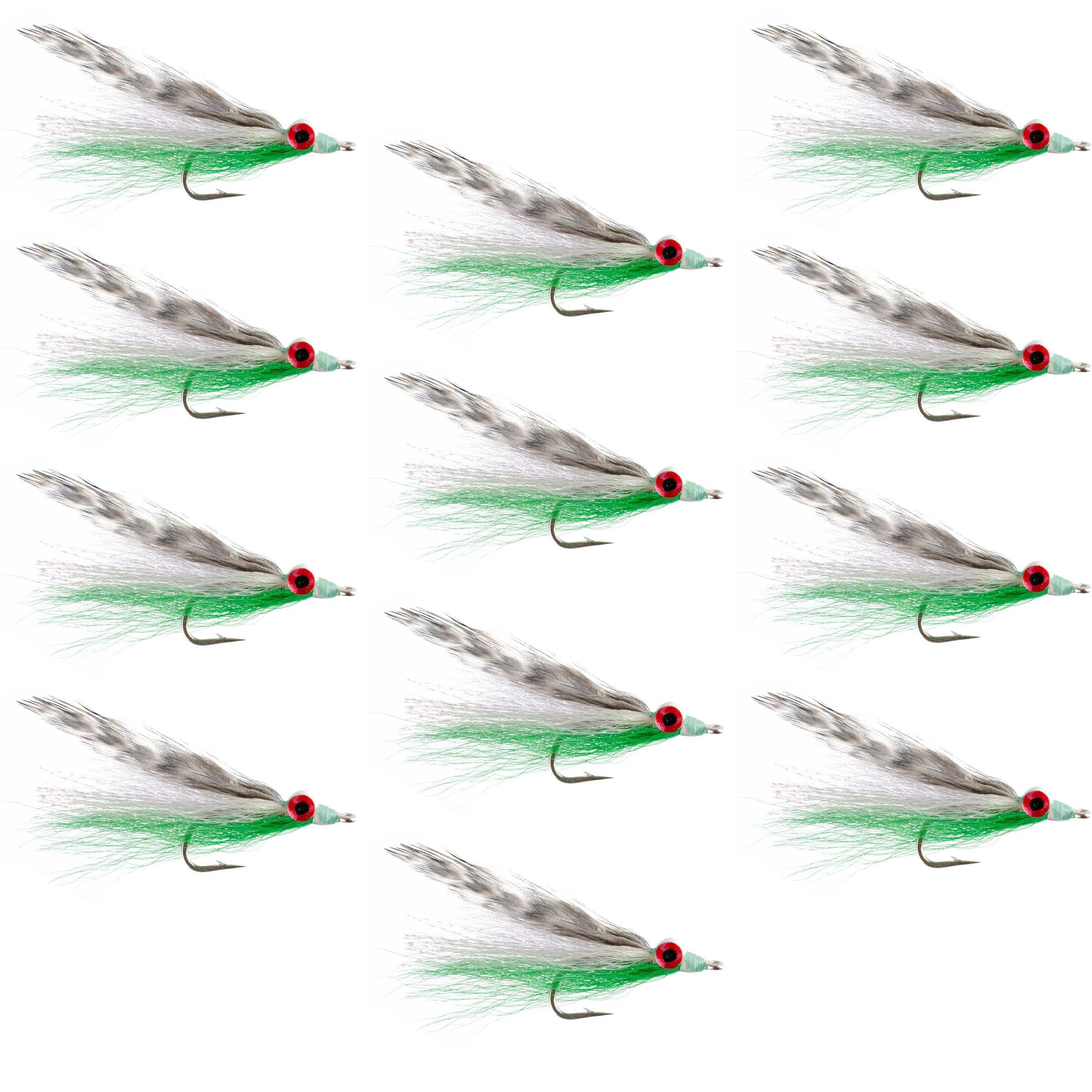 Clousers Deep Minnow Green/White and Grizzly Stainless Hook Saltwater Streamer Flies - Wholesale Per Dozen Size 1/0