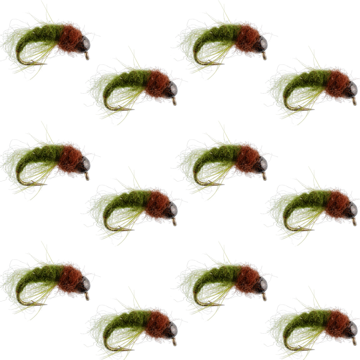 Bead Head Olive Brown Caddis Larva Flies - Wholesale Per Dozen Sizes 12-16