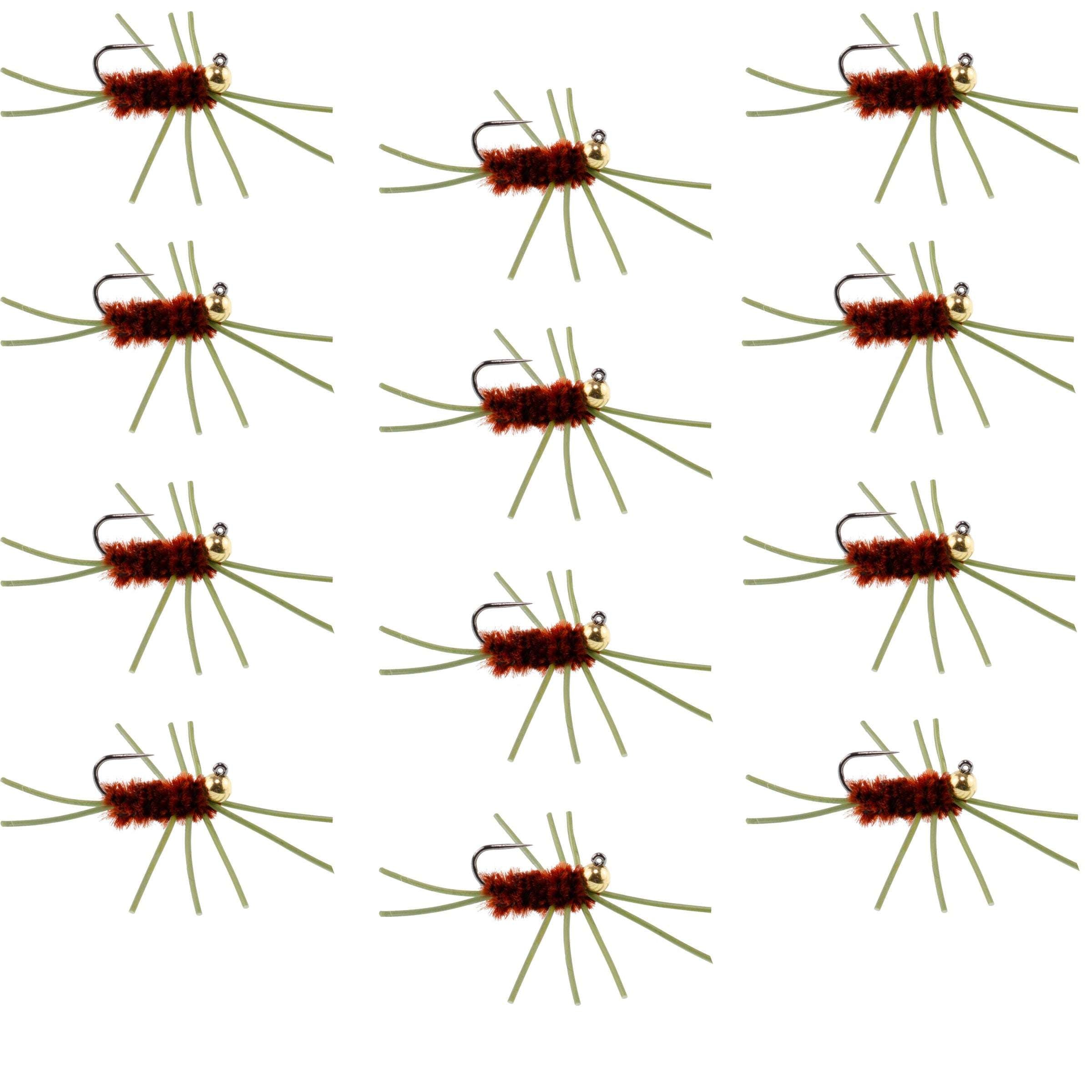 Tungsten Bead Jigged Pats Rubber Legs Brown Nymph Flies - Wholesale Per Dozen Size 10