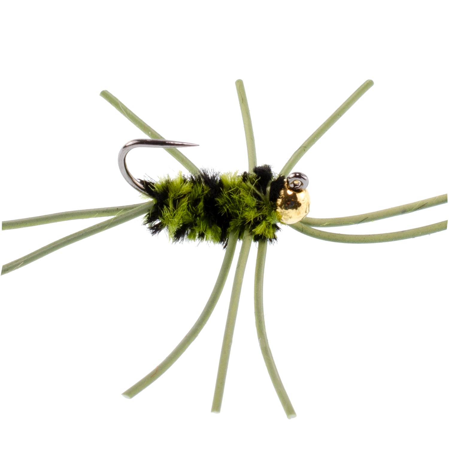Tungsten Bead Jigged Pats Rubber Legs Olive/Black Nymph Flies - Wholesale Per Dozen Size 10