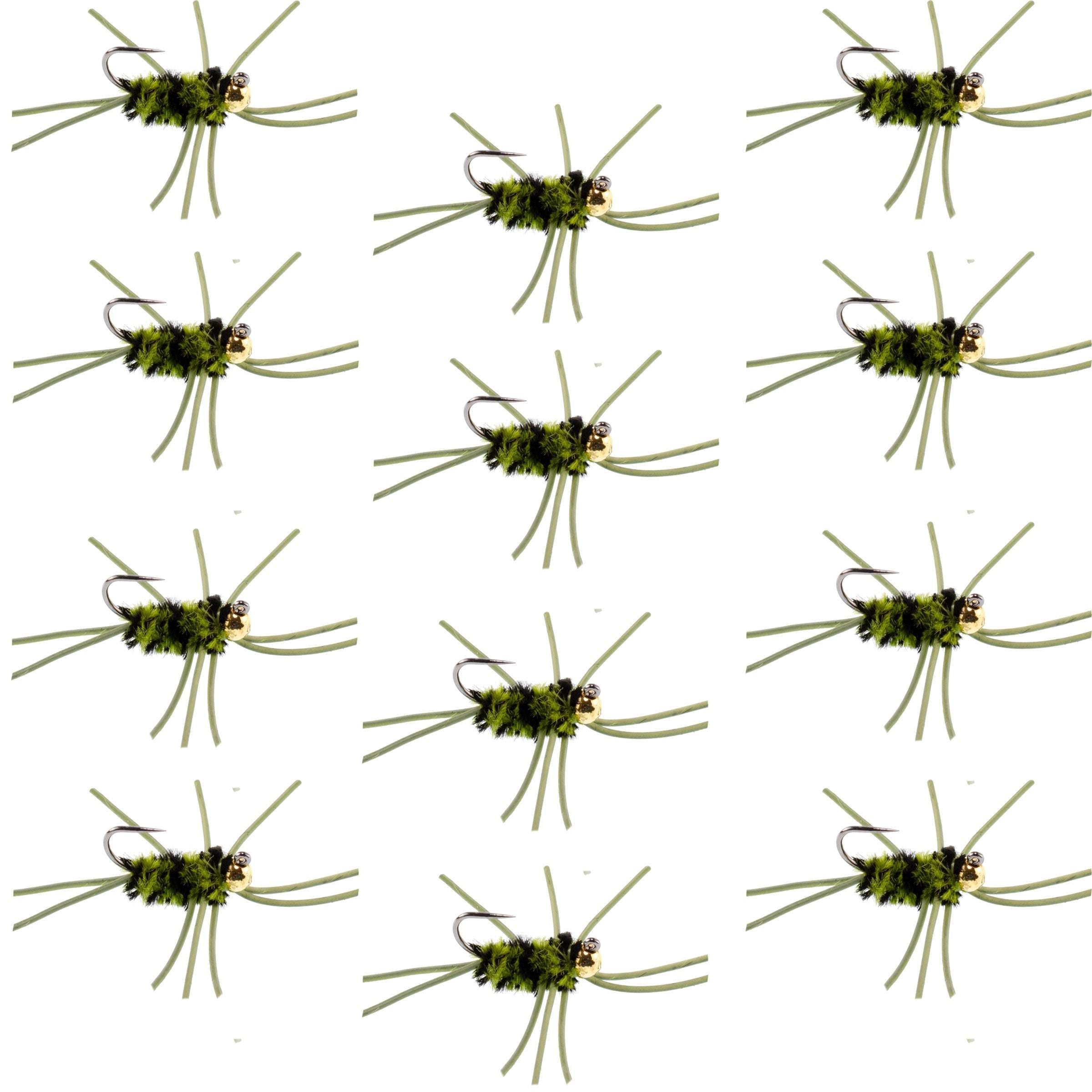 Tungsten Bead Jigged Pats Rubber Legs Olive/Black Nymph Flies - Wholesale Per Dozen Size 10