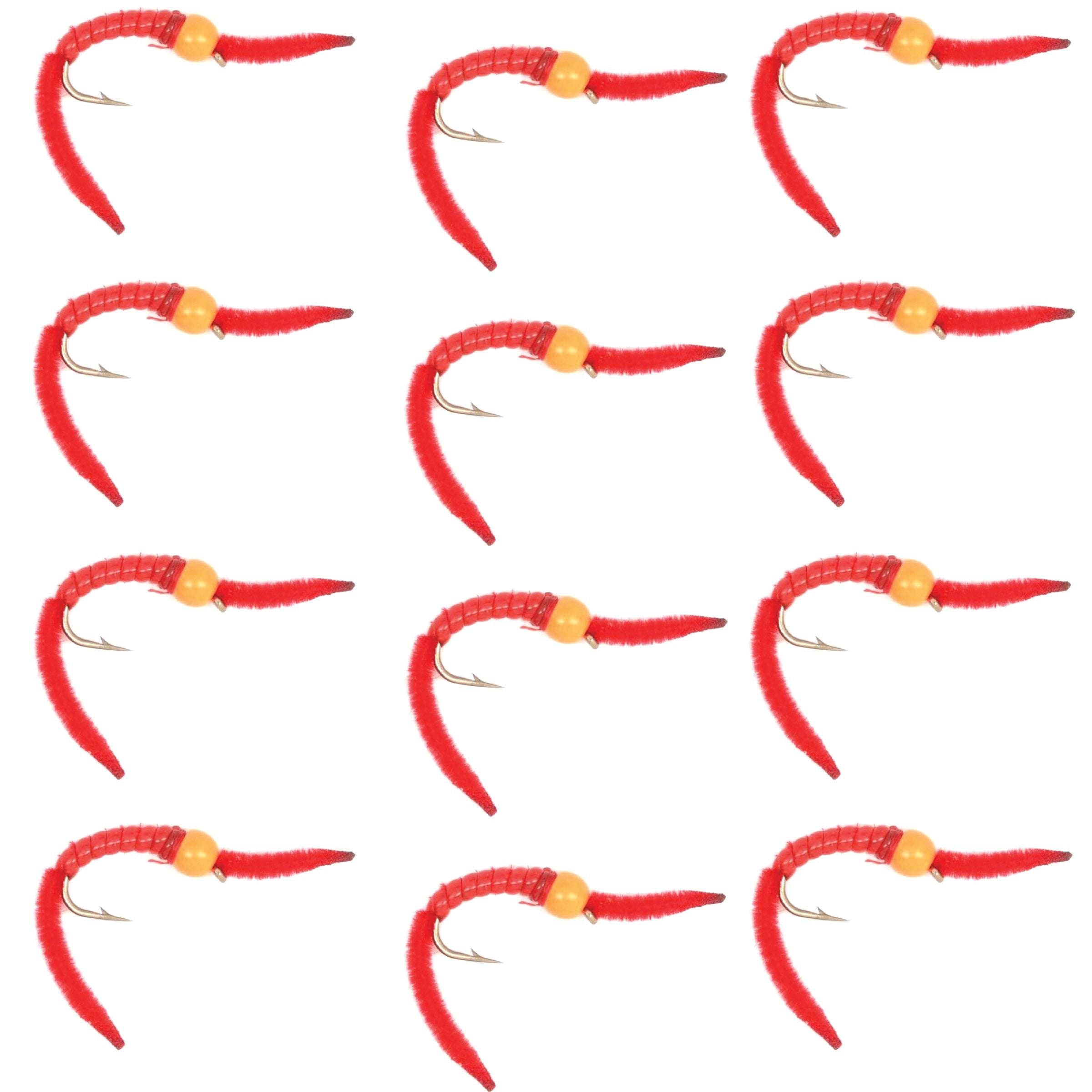 Bead Head San Juan Power Worm Orange Hot Head Red V-Rib Nymph Flies - Wholesale Per Dozen Sizes 10-14