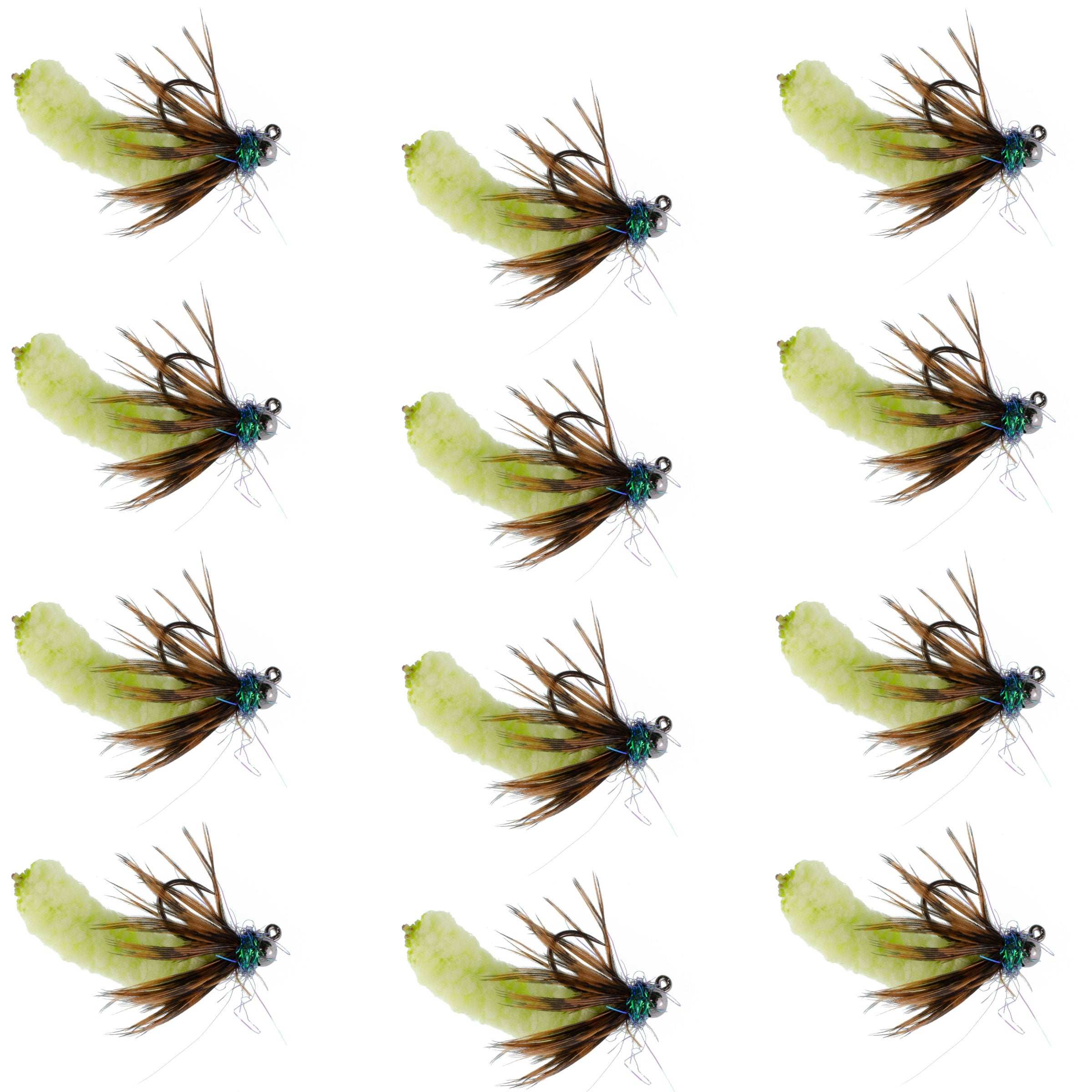 Tungsten Bead Head Chartreuse Mop Fly Euro Jigged Tactical Flies - Wholesale Per Dozen Size 14