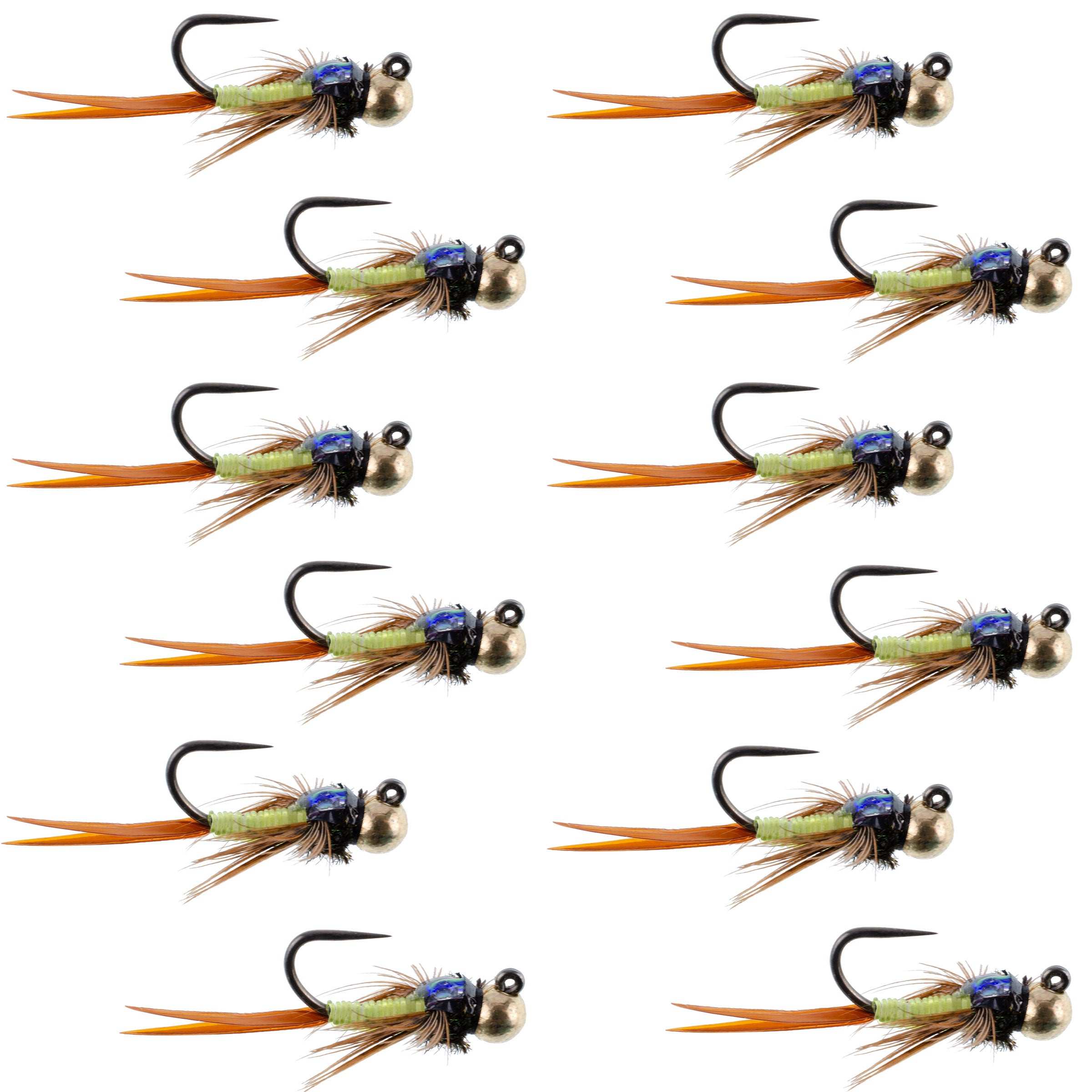 Tungsten Bead Head Copper John Chartreuse Nymph Jigged Euro Tactical Flies - Wholesale Per Dozen Sizes 12-16