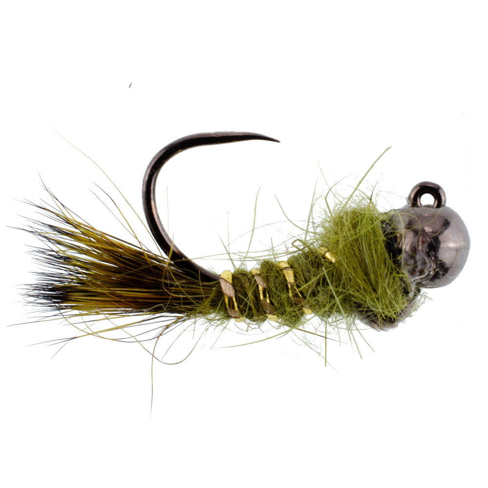 Tungsten Bead Head Olive Hares Ear Euro Jigged Tactical Flies - Wholesale Per Dozen Sizes 12-18