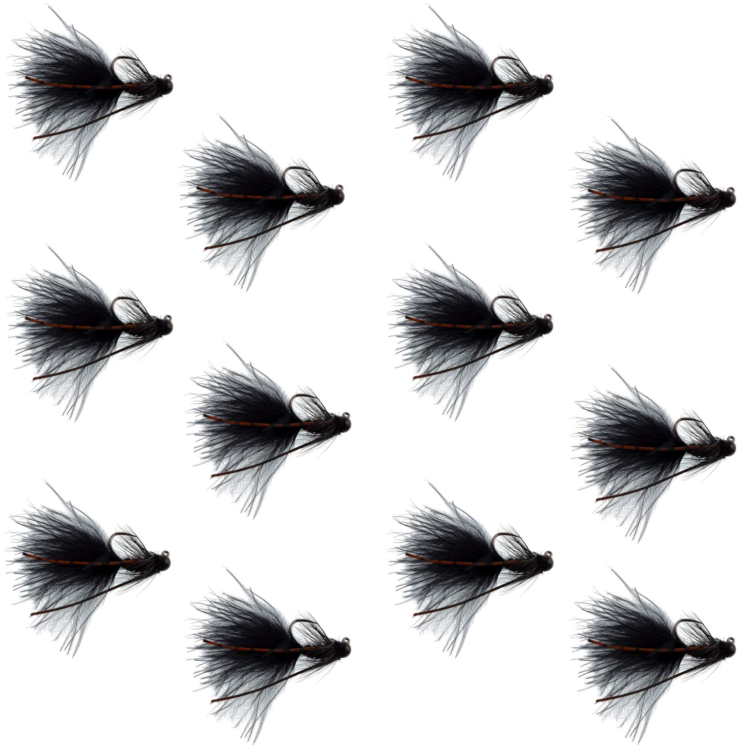 Tungsten Bead Head Black Mini Bugger Euro Jigged Tactical Flies - Wholesale Per Dozen Sizes 8, 12