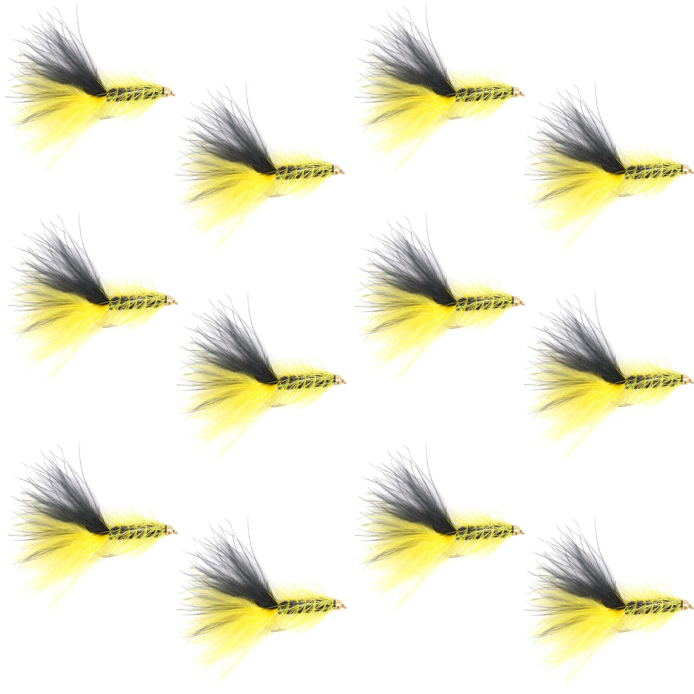 Crystal Woolly Bugger Yellow/Black Streamer Flies - Wholesale Per Dozen Sizes 4 and 8