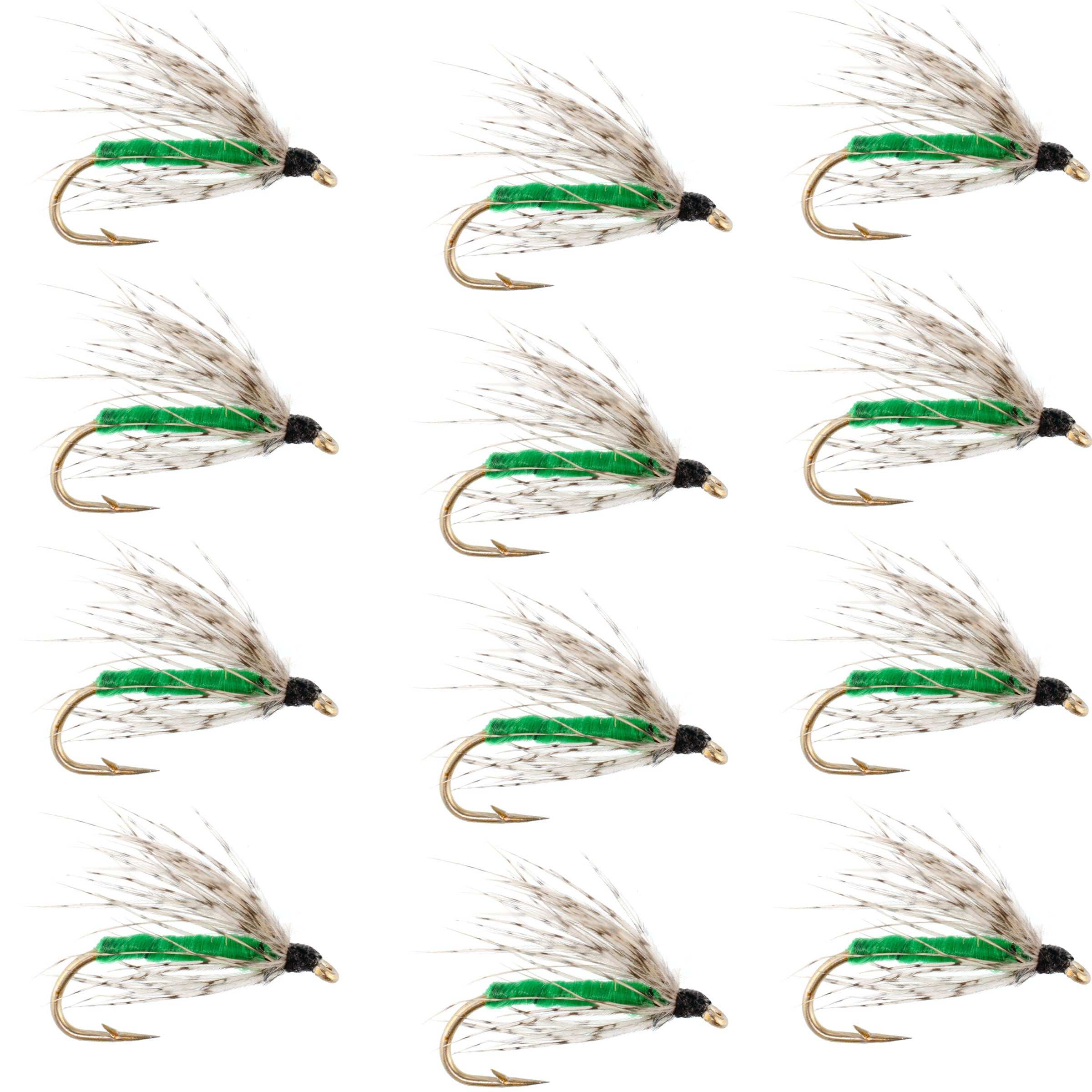 Soft Hackle Wet Flies in Partridge and Green, available in sizes 12-16 for wholesale fishing