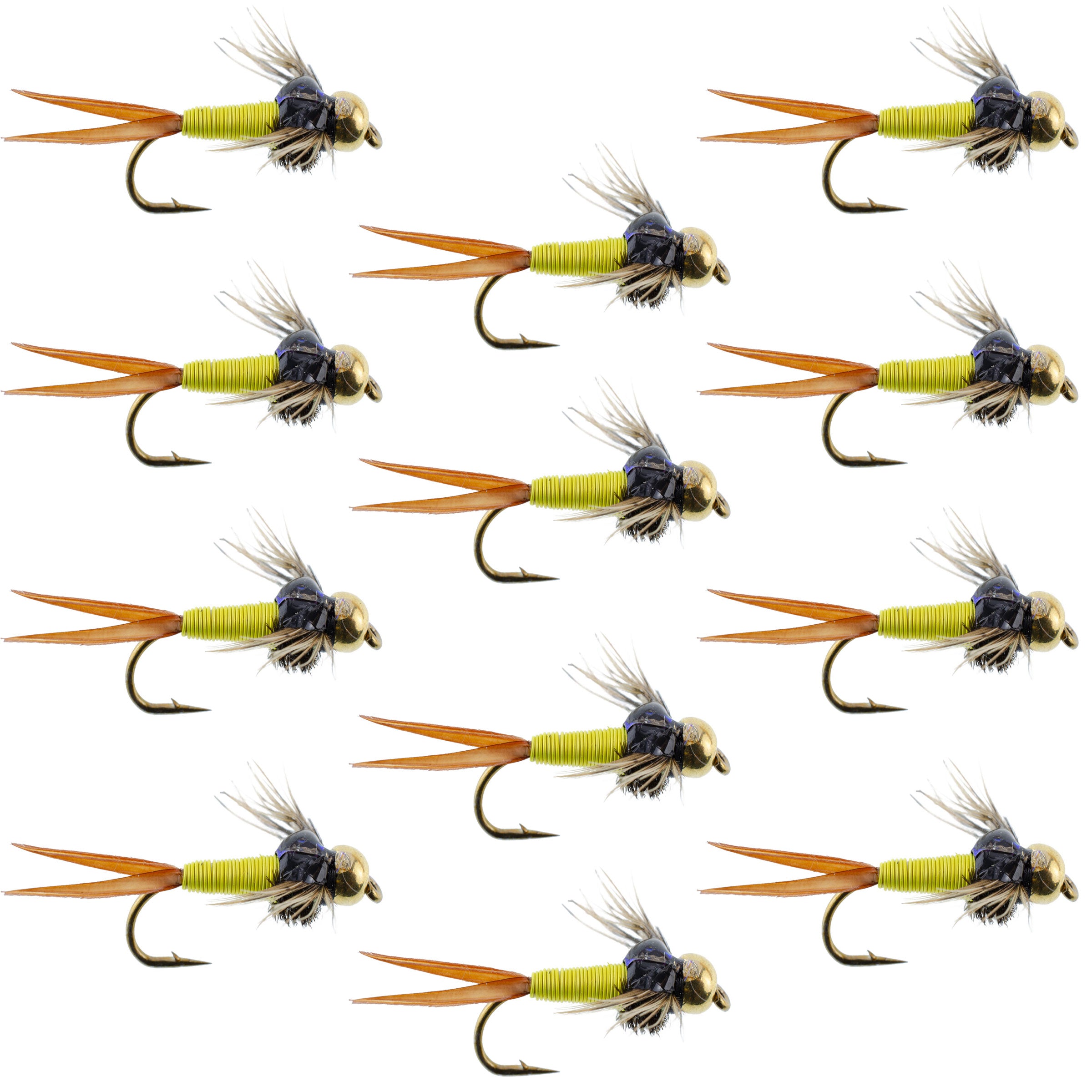 Bead Head Copper John Hot Metallic Yellow Nymph Flies - Wholesale Per Dozen Sizes 10-14