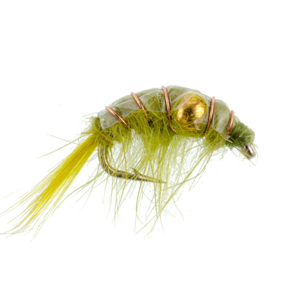 Center Bead Scud Olive Nymph Flies - Wholesale Per Dozen Size 10