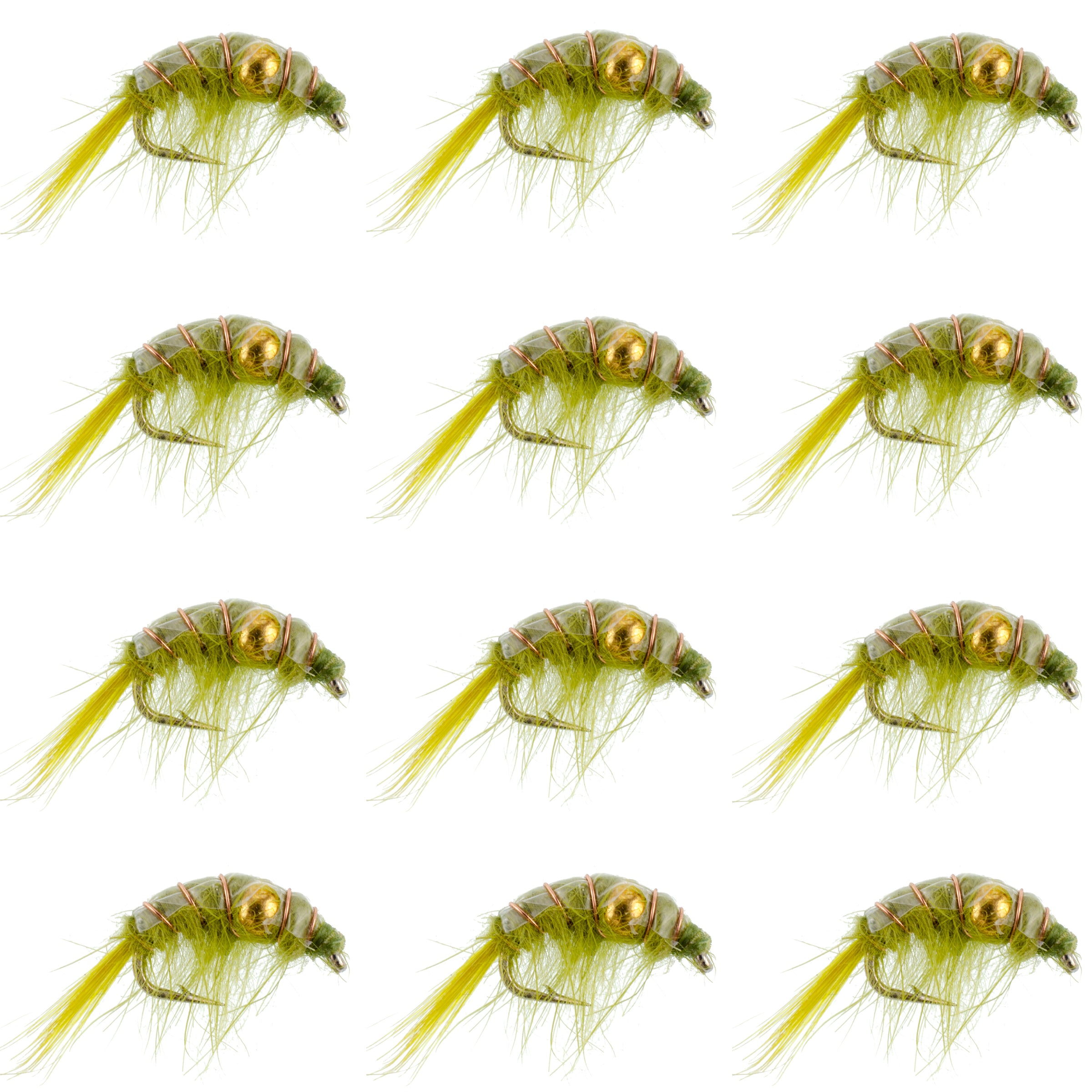 Center Bead Scud Olive Nymph Flies - Wholesale Per Dozen Size 10