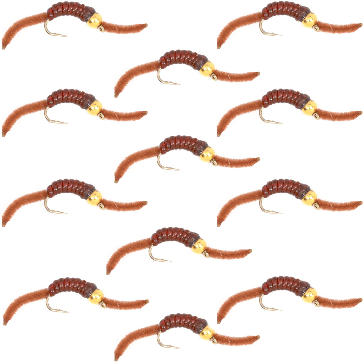 Bead Head San Juan Power Worm Brown V-Rib Nymph Flies - Wholesale Per Dozen Sizes 10-14