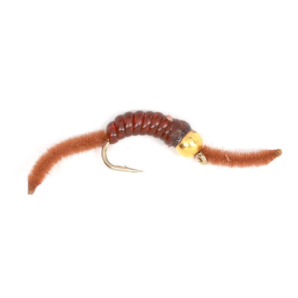 Bead Head San Juan Power Worm Brown V-Rib Nymph Flies - Wholesale Per Dozen Sizes 10-14