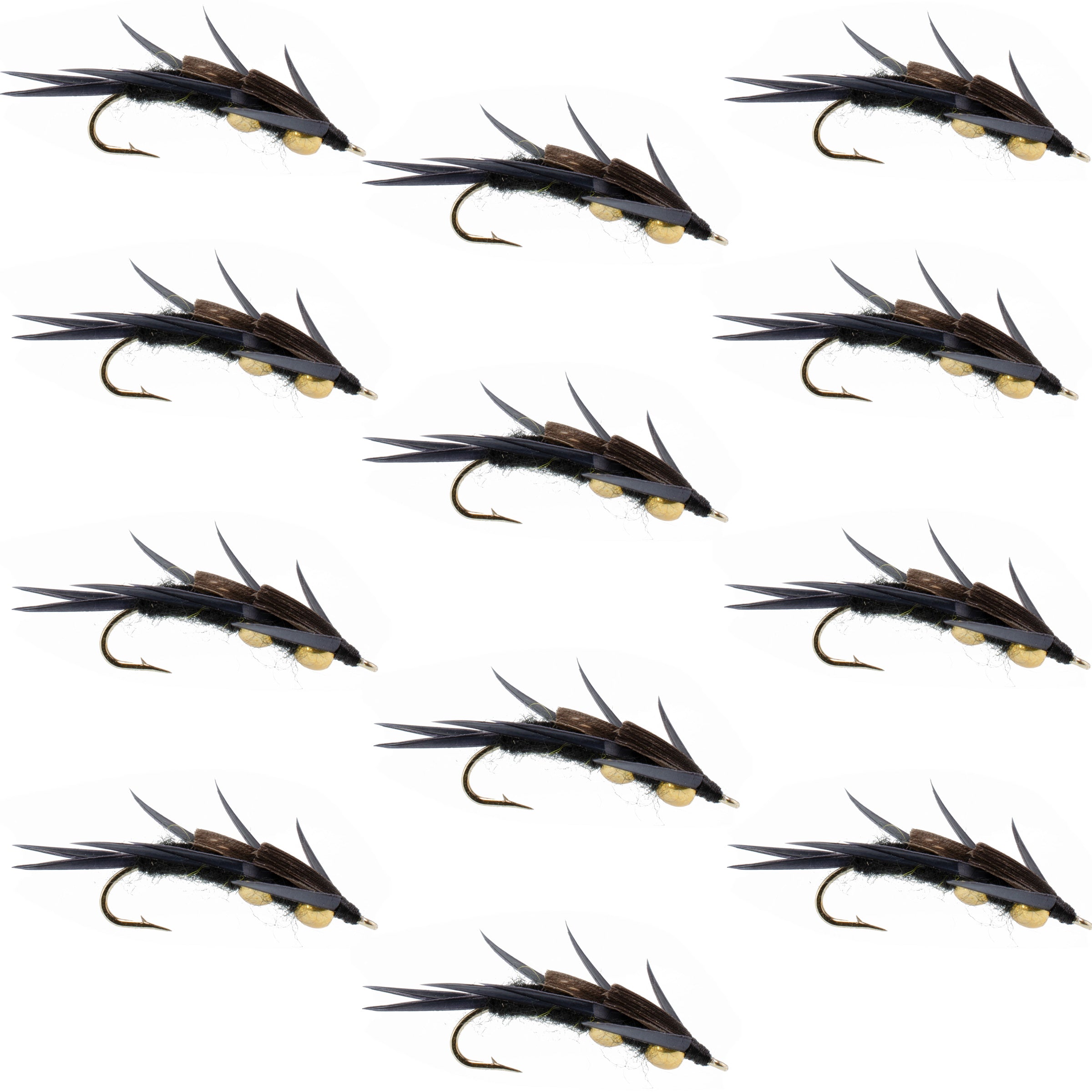 Double Bead Black Stone Fly Nymph with Black Biot Legs - Wholesale Per Dozen Sizes 6-12