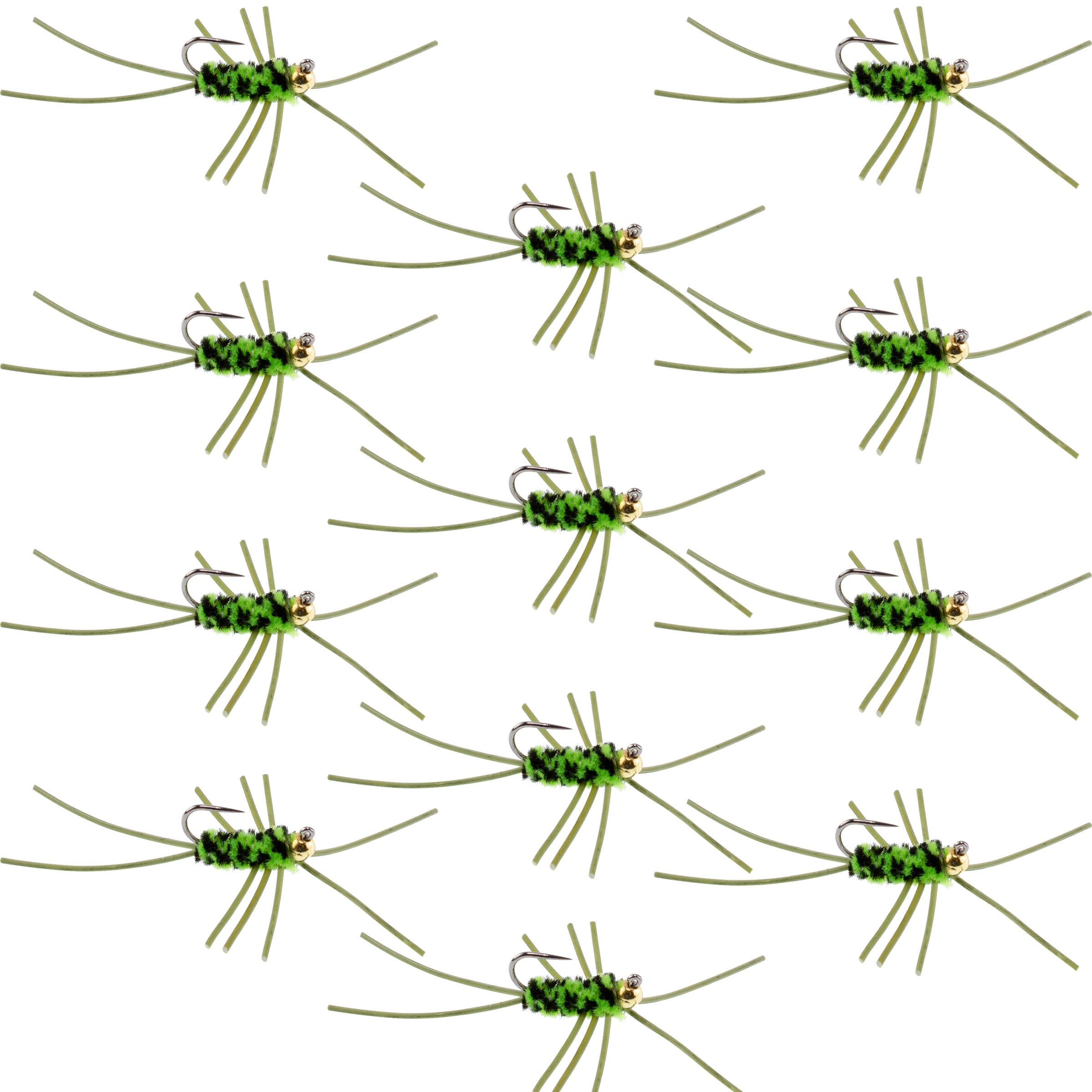 Tungsten Bead Jigged Pats Rubber Legs Black/Chartreuse Nymph Flies - Wholesale Per Dozen Size 10