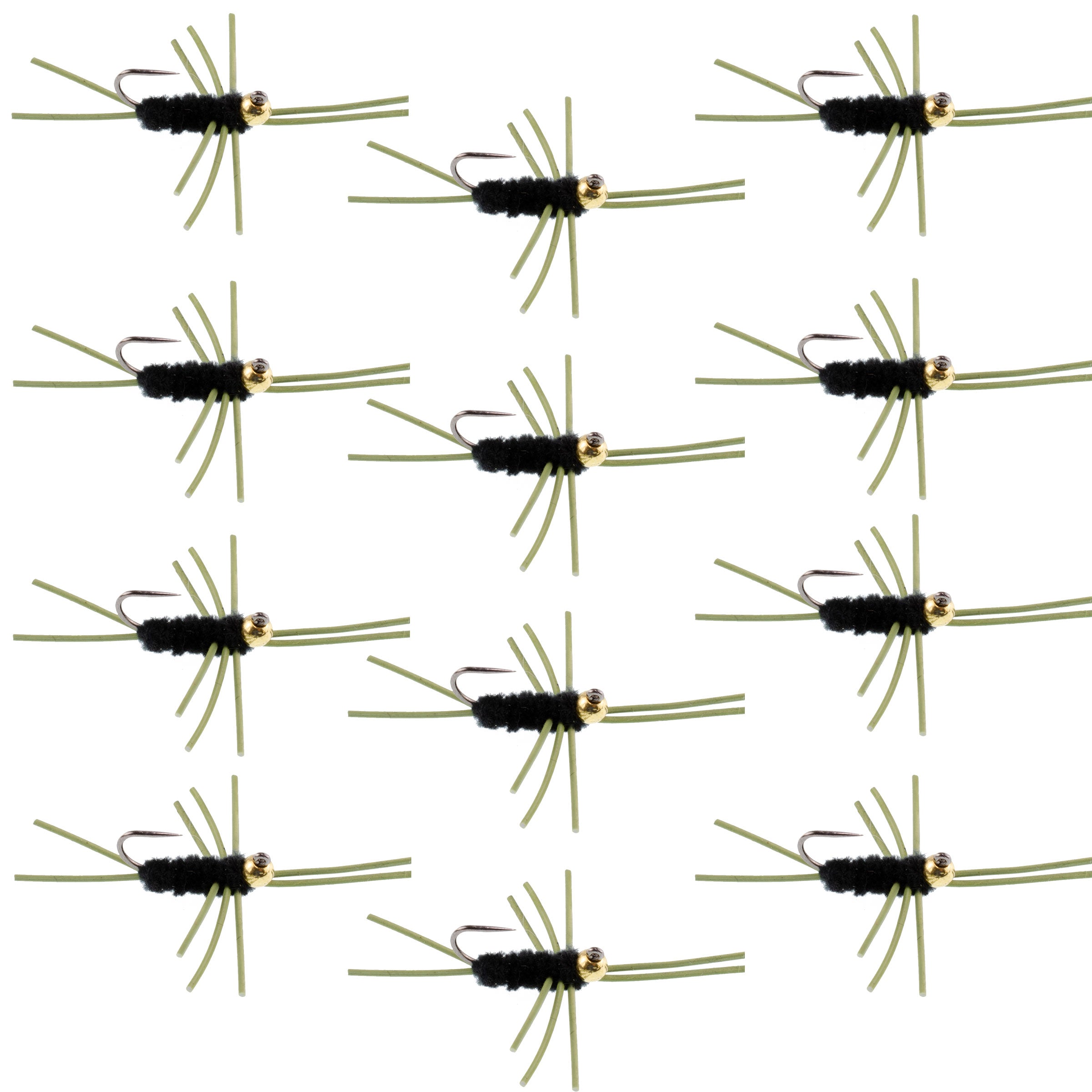 Tungsten Bead Jigged Pats Rubber Legs Black Nymph Flies - Wholesale Per Dozen Size 10