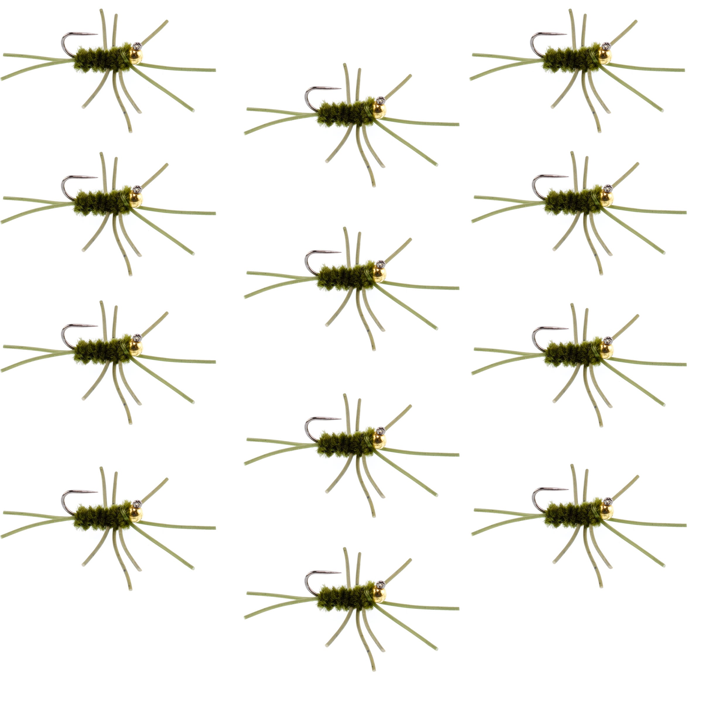 Tungsten Bead Jigged Pats Rubber Legs Dark Olive Nymph Flies - Wholesale Per Dozen Size 10