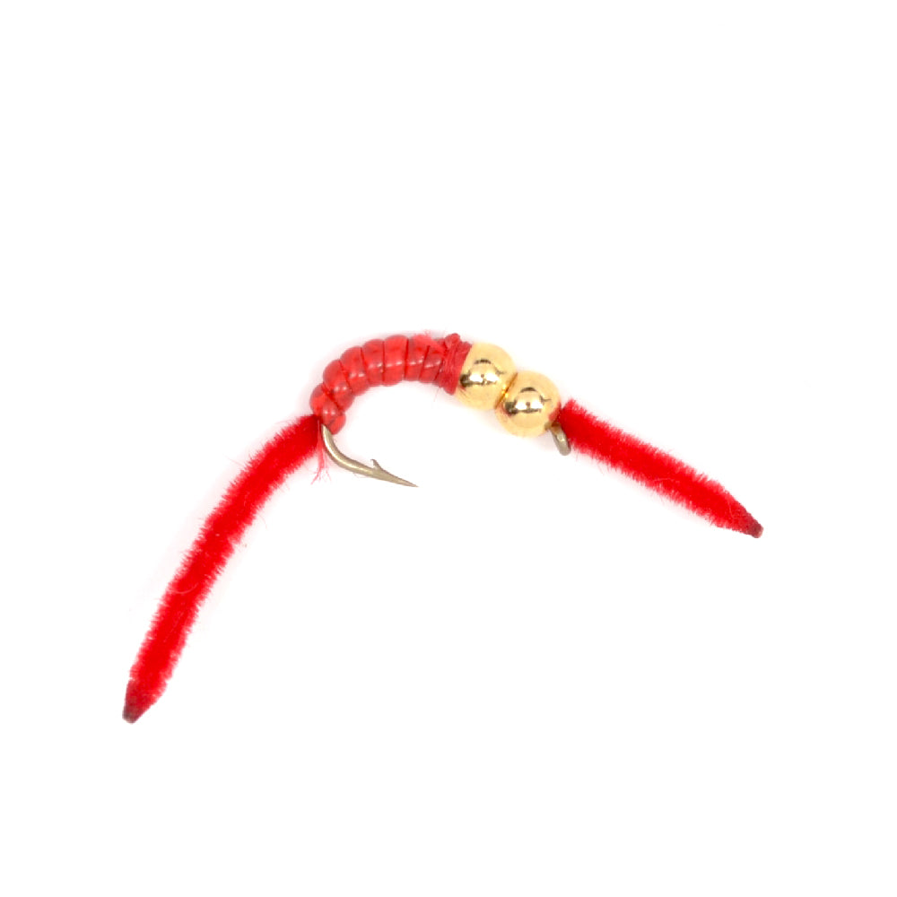 Double Bead San Juan Power Worm Red V-Rib Nymph Flies - Wholesale Per Dozen Sizes 10-14