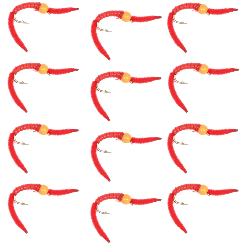 San Juan Worm Trout Fly - Power Bead Head, Size 12, Orange Hot Bead, Nymph For Fly Fishing