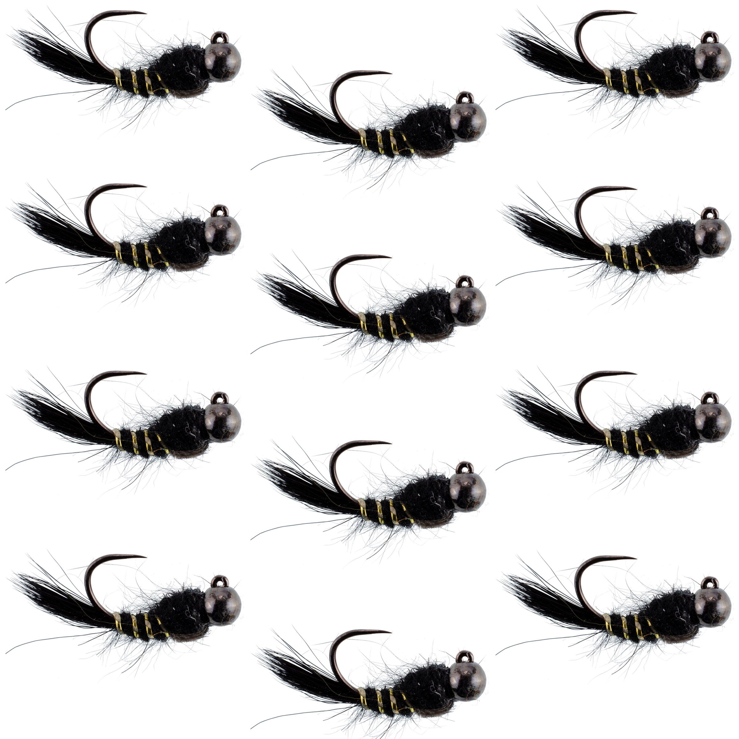 Tungsten Bead Head Black Hares Ear Euro Jigged Tactical Flies - Wholesale Per Dozen Sizes 12-18