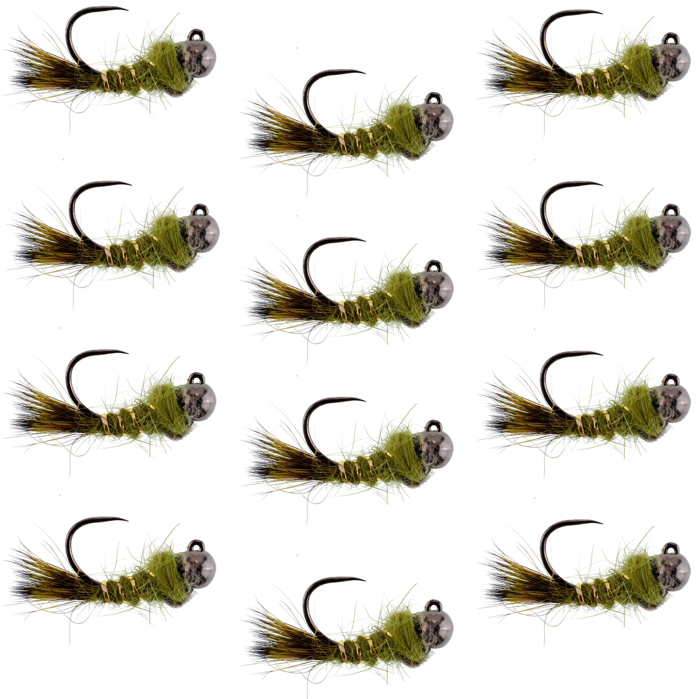 Tungsten Bead Head Olive Hares Ear Euro Jigged Tactical Flies - Wholesale Per Dozen Sizes 12-18