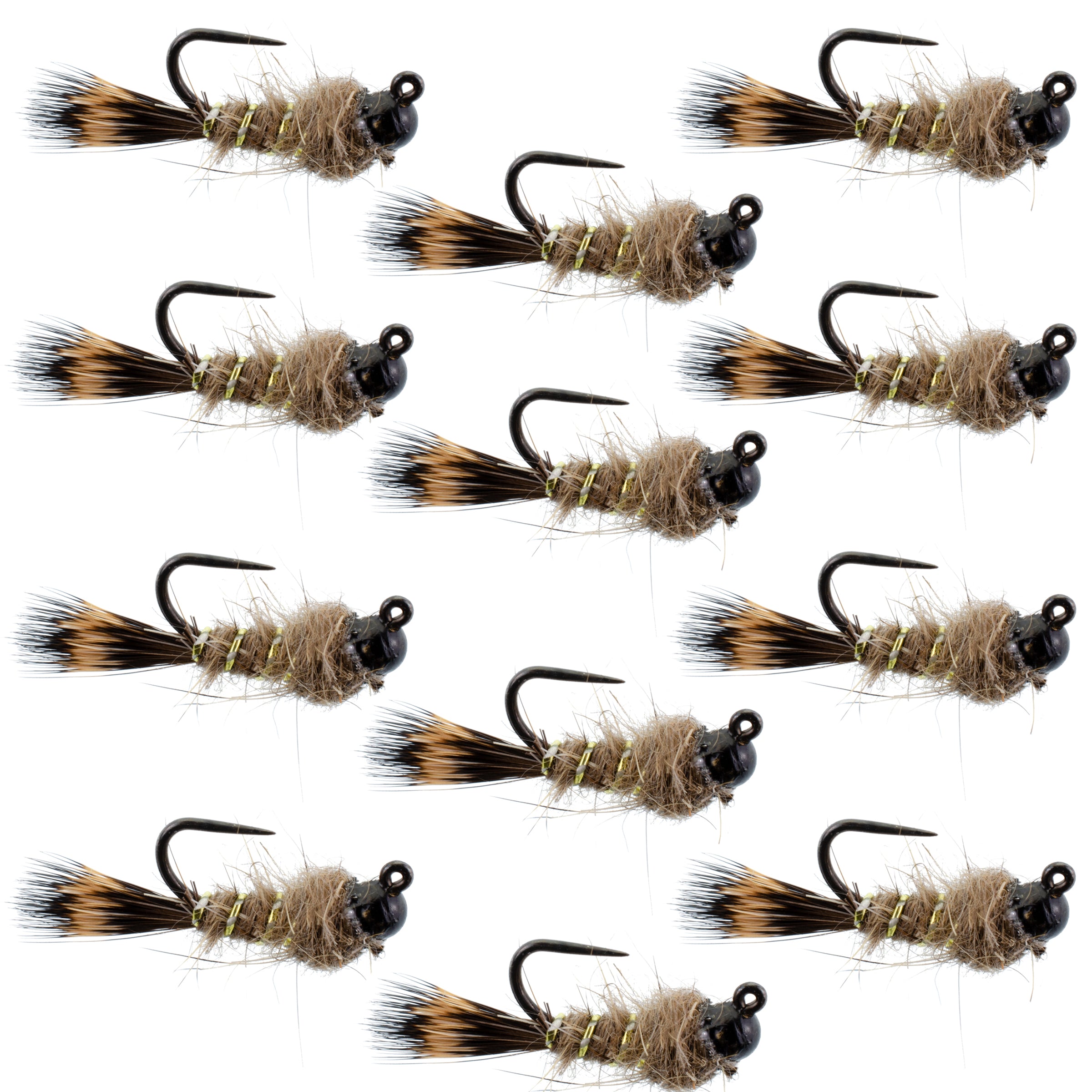 Tungsten Bead Head Natural Hares Ear Euro Jigged Tactical Flies - Wholesale Per Dozen Sizes 12-18