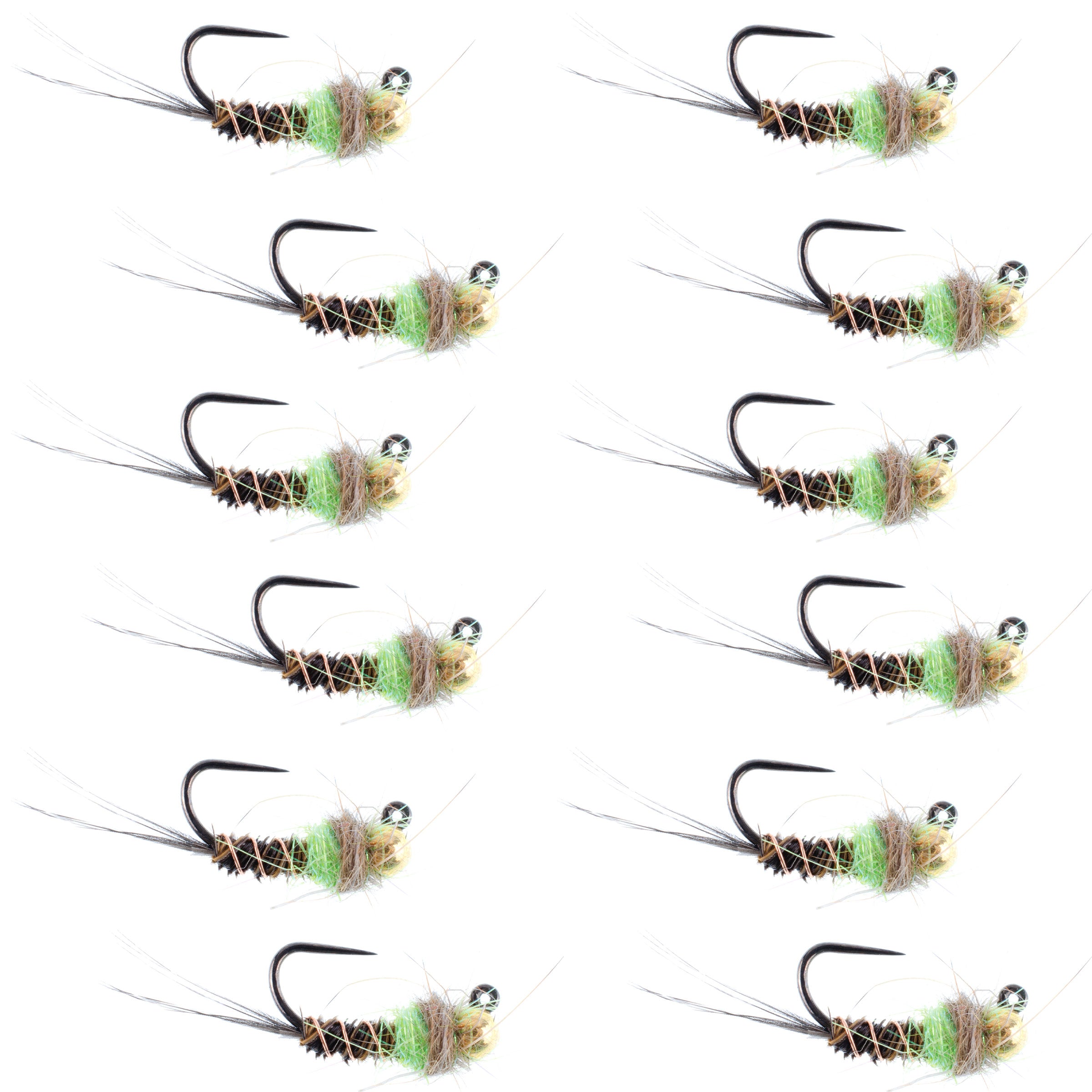 Tungsten Bead Head Chartreuse Hot Spot Pheasant Tail Euro Jigged Tactical Flies - Wholesale Per Dozen Sizes 12-16